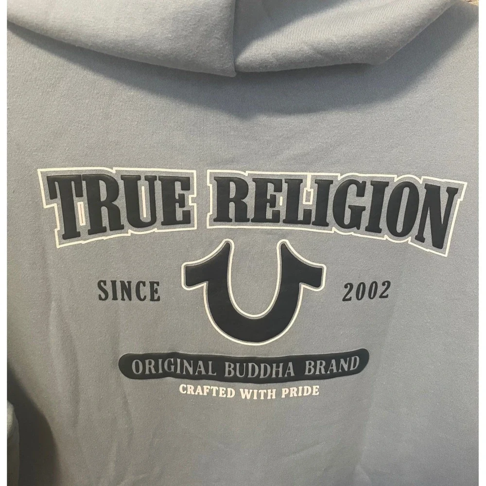 True Religion Mens OBB Full Zip Hoodie Dusty Blue Horseshoe Logo  Large